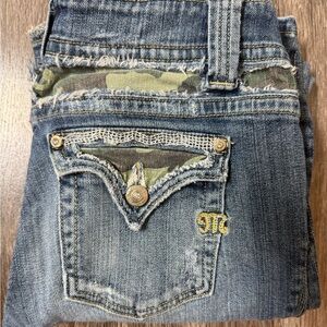 Miss Me Distressed Blue Jeans with Camouflage Accents